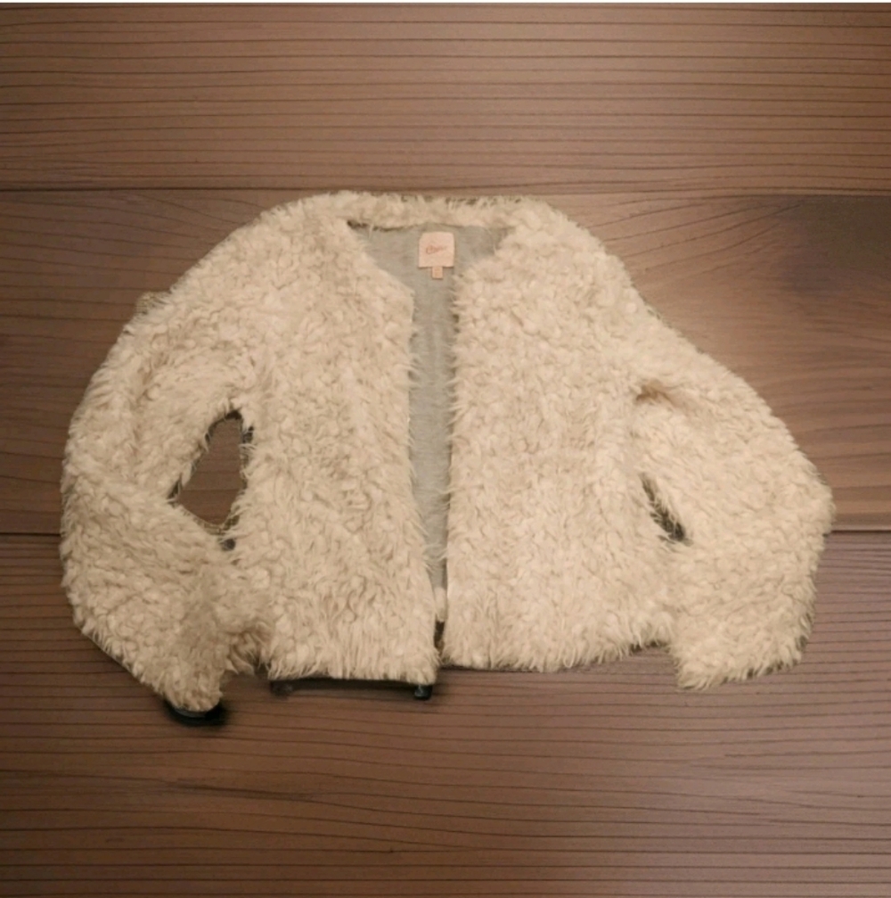 Candie's Women's S/M Off-White Fluffy Faux Fur Fleece Full-Zip Teddy Jacket Y2K
